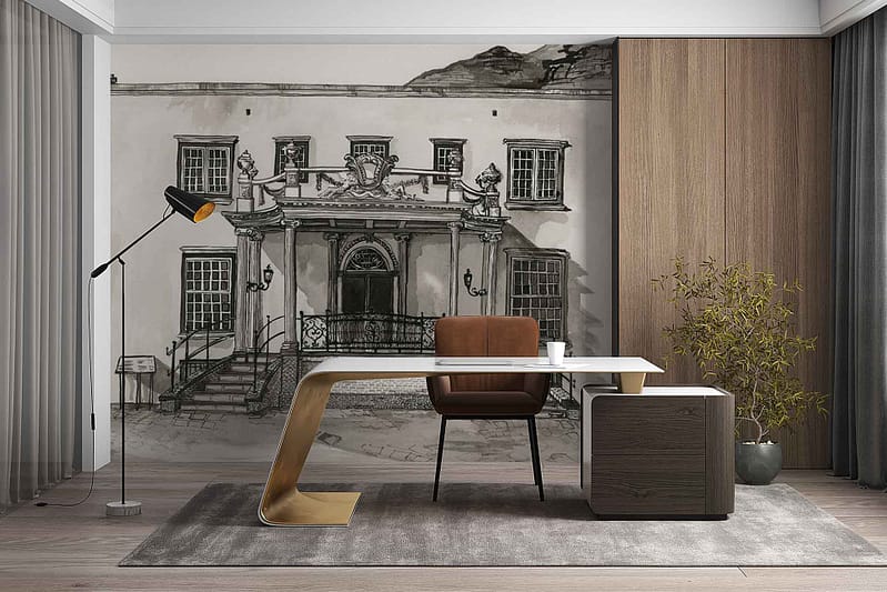 Large monochrome mural wallpaper featuring an Old Town House façade; architectural details such as ornate windows, doors, classic columns, and brickwork patterns; grayscale color palette with shades of black, white, and gray.