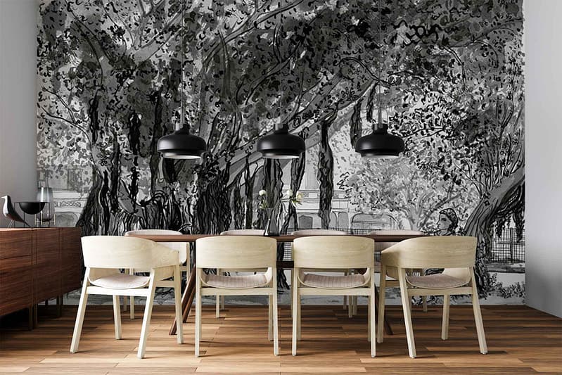 Large monochrome mural wallpaper featuring dense, leafy trees in shades of grey, black, and white. The design includes intricate tree branches and leaves, creating a forest-like scene with rich details and high contrast.