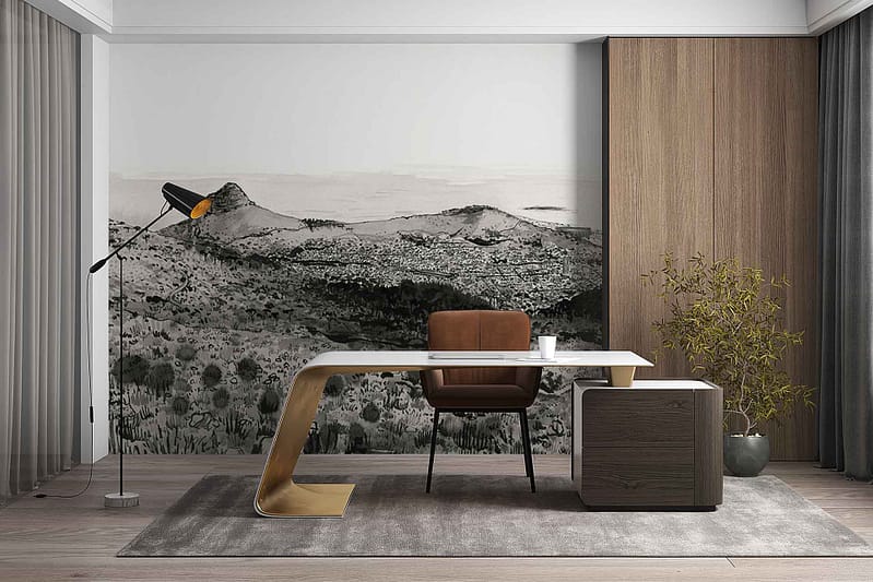 Wallpaper features a black-and-white mural depicting the hilly Muizenberg landscape, with stylized hills, undulating lines, and coastal scenery. Monochrome tones emphasize contrast and add artistic detail to the minimalist backdrop.