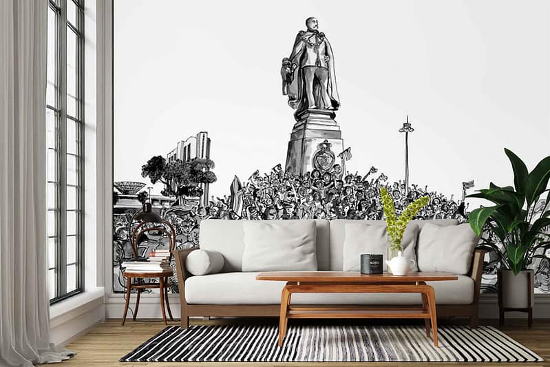The wallpaper features a large black-and-white mural depicting a historical statue surrounded by Grand Parade supporters. Key elements include detailed classical statuary, expressive crowd figures, and parade banners, all rendered in grayscale tones—black, white, and shades of gray. The art style is photographic or hyper-realistic with strong contrasts emphasizing the historic atmosphere.