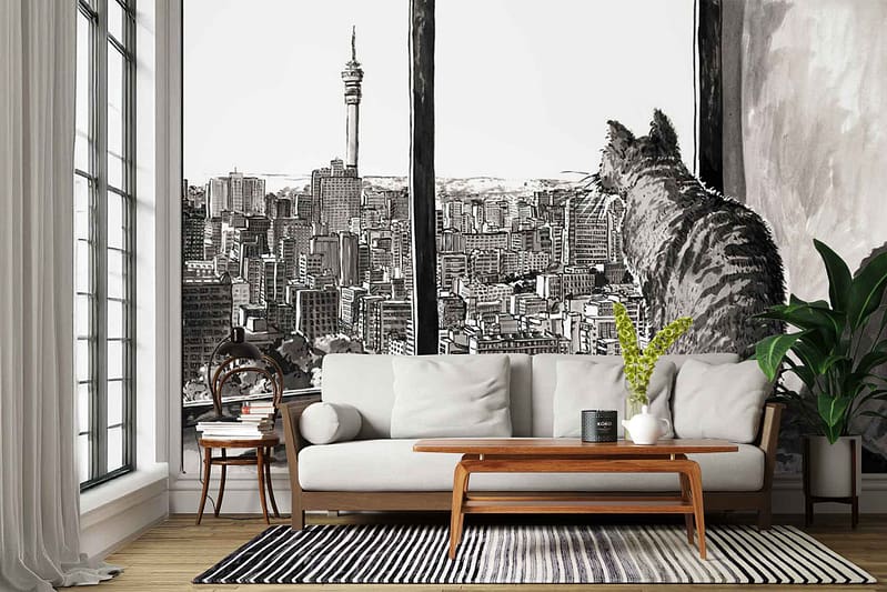 Black-and-white sketch-style mural featuring ZEITZ 11, a cat perched and gazing over a detailed city skyline. Elements include hand-drawn buildings, rooftops, and urban architecture with prominent linework. The cat is central, outlined in black against the light background. No color—monochromatic illustration with strong contrasts between black lines and white negative space.