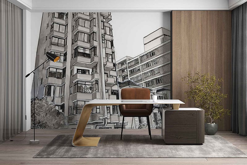 The wallpaper features a large grayscale mural of urban buildings, with bold architectural lines and varied cityscape elements. The design draws inspiration from Milnerton Market, incorporating industrial textures, geometric forms, and subtle shadowing in shades of black, white, and gray.