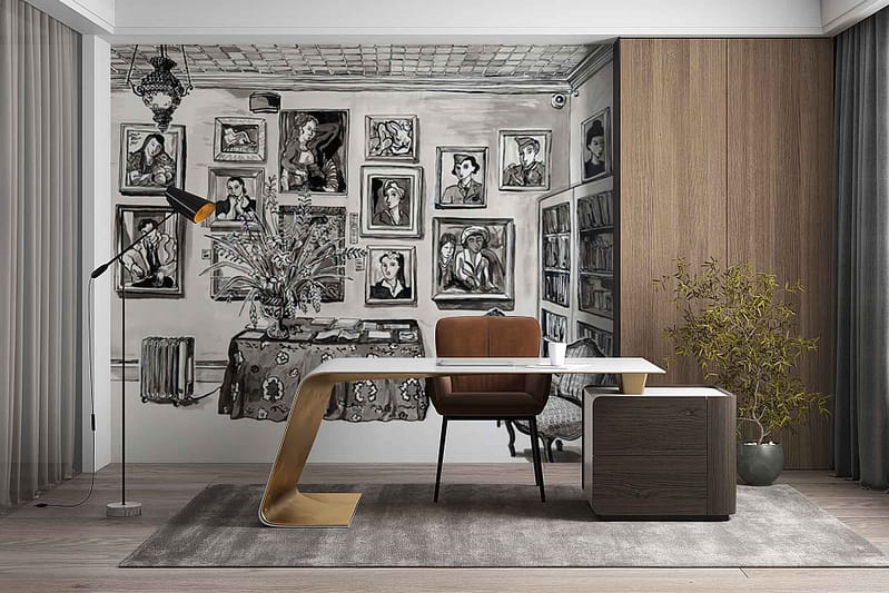 Black-and-white wallpaper mural featuring expressive portrait paintings inspired by the Irma Stern Museum; dynamic brushstrokes, prominent facial features, high-contrast grayscale palette, touches of charcoal and graphite textures; artistic gallery vibe.
