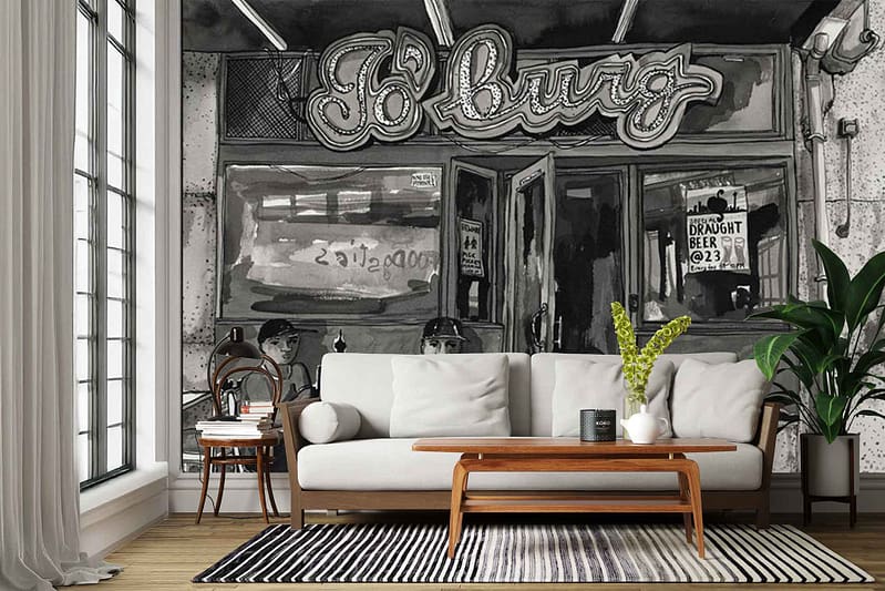 ZEITZ 05 black-and-white city mural wallpaper: features detailed urban cityscape, architectural skyline, bold contrasts in grayscale tones, sharp lines and shadows. Includes neon-effect "Jo'Burg" sign in bright white or glowing neon hues as central highlight. Urban, modern, Johannesburg-inspired design.