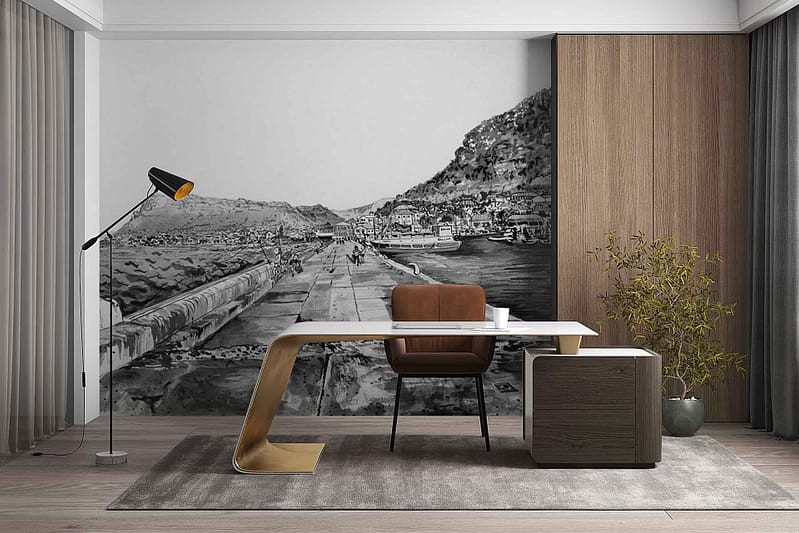 Black-and-white wall mural wallpaper featuring a waterfront scene: boats on calm water, distant hills or mountains, subtle grayscale shades. Elements include water, boats, horizon line, and gentle landscape contours—all in monochrome tones.