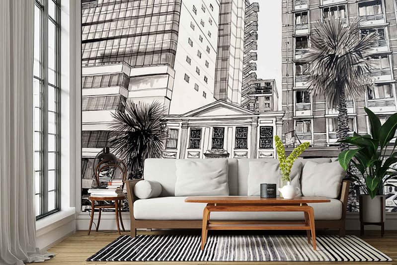 ZEITZ 03 mural wallpaper: black-and-white city buildings, stylized skyscrapers and architectural details, integrated with tall black palm trees. Urban cityscape elements in monochrome tones (black, white, shades of gray). Bold graphic lines and high contrast for a modern urban atmosphere.