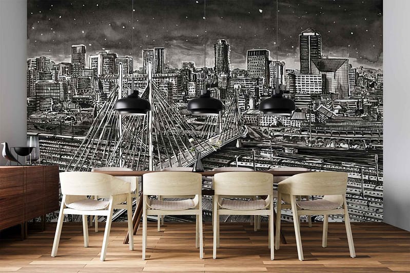 Black-and-white cityscape mural wallpaper featuring tall urban buildings, skyscrapers, and a dramatic cable-stayed bridge illuminated at night. The design emphasizes sharp architectural lines, high contrast between deep blacks and crisp whites, with intricate detailing on windows and cables for a modern metropolitan ambiance.