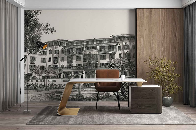 Wallpaper features a detailed grayscale mural of ZEITZ 08, depicting a historic building with classic architectural lines and ornate windows. The foreground includes lush garden elements—trees, shrubbery, and winding paths—all illustrated in nuanced shades of gray, black, and white. The scene combines stately architecture with natural textures for an elegant monochrome look.