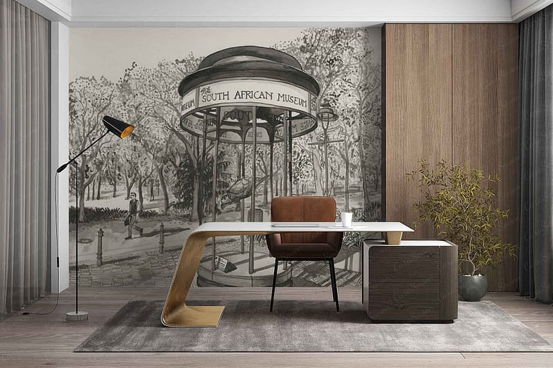 Wallpaper features: - South African Museum entrance - ZEITZ MOCAA facade - Park-like setting with green trees - People walking and sitting, subtle figures - Natural earthy tones: greens, browns, muted gray concrete, soft blue sky - Architectural details blended with foliage.