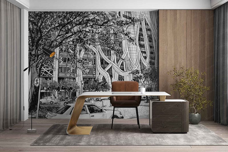 Wallpaper features: ZEITZ mural, black-and-white city scene, illustrated cars, leafy trees, varied buildings; monochrome palette with shades of gray and white; urban landscape details.