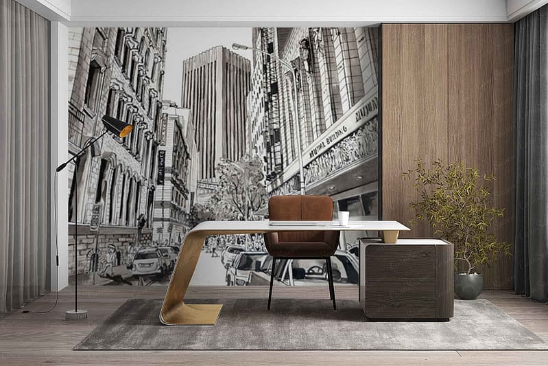 Large wall mural wallpaper depicts Adderley Street with tall city buildings, urban architecture, and street scenes. Features grayscale tones with accents of brown, beige, and hints of blue sky. Elements include detailed facades, windows, street lamps, and subtle shadows for a realistic cityscape look.
