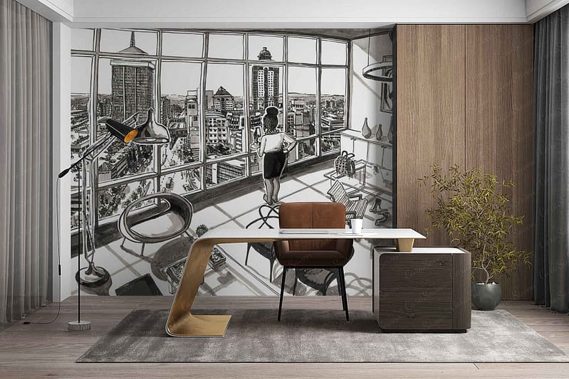 Wall mural features a woman with dark hair, back turned, gazing out over Camps Bay’s sweeping coastline. The mural shows blue ocean waves, sandy beaches, lush green hills, and iconic mountain silhouettes beneath a clear sky. Subtle warm sunset tones blend with cool blues and greens for a serene yet striking effect.