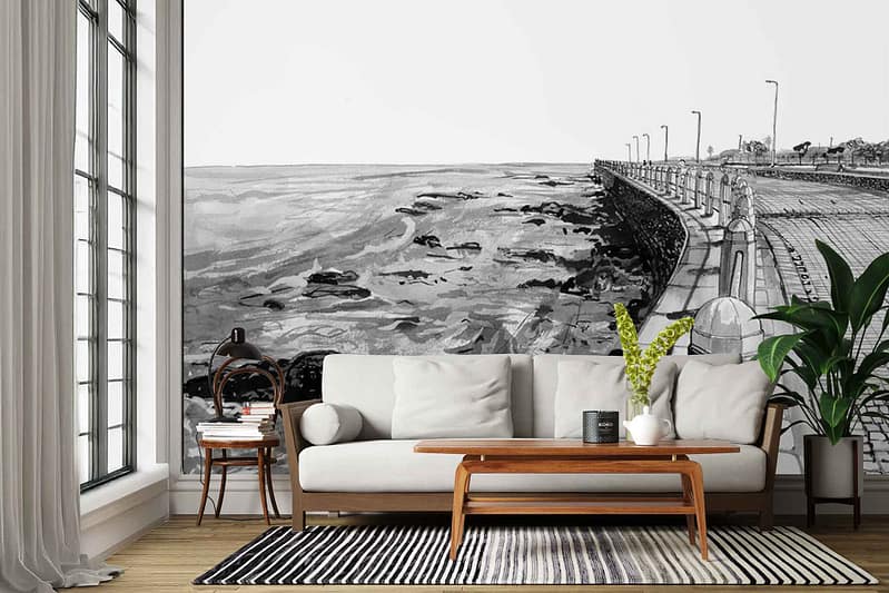 Black-and-white mural wallpaper depicting a striking coastal walkway and ocean scene; features strong contrasts, sweeping lines of the path, distant waves, silhouetted railings, and varying grayscale tones for dramatic visual impact. Coastal landscape elements include cliffside edges, open sky gradients, and detailed textures evocative of seaside scenery.