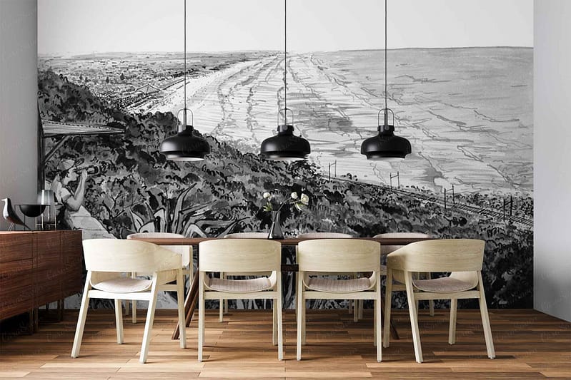 Black-and-white landscape wallpaper featuring detailed trees, rolling hills, and a distant coastline; intricate linework emphasizes forested areas and natural textures; shades range from deep charcoal to soft gray on a white background.