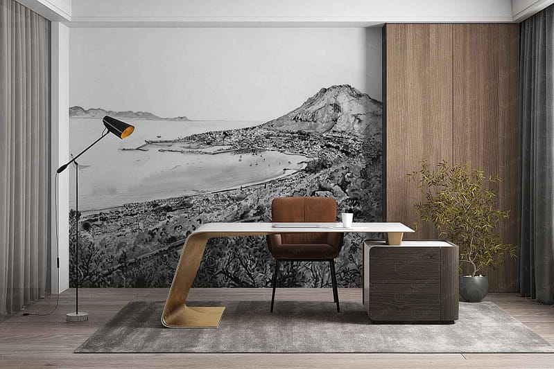 Large black-and-white wallpaper mural depicting a dramatic coastal landscape with rugged cliffs, crashing waves, and distant mountains. Monochromatic tones dominate, featuring gradients of gray, deep blacks, and crisp whites to evoke natural sunlight and shadow. The imagery is reminiscent of sweeping ocean views seen from the Cape Sun Hotel.