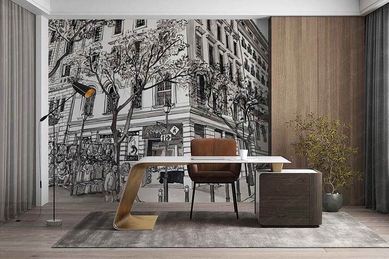 Wallpaper features a lively urban street scene from Cape Town Station, showcasing classic heritage buildings, bustling pedestrians, city buses, and leafy green trees. Colors include soft grays and tans for architecture, deep greens for foliage, pops of red and yellow from buses and signs, with subtle blue sky accents. Urban energy and historical charm are conveyed through detailed mural artistry.