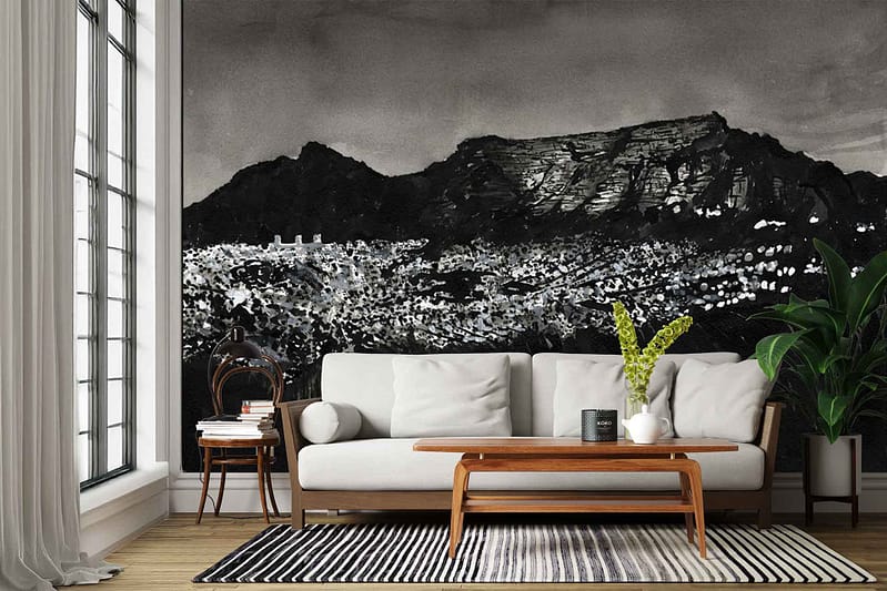 Black-and-white mountain mural wallpaper featuring dramatic, misty peaks and layered silhouettes. The design includes tonal grays, crisp blacks, and soft whites, creating depth and contrast. Monochrome landscape elements evoke a serene, modern atmosphere with bold visual impact.