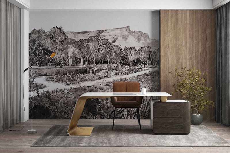 The wallpaper features a scenic mural of trees and mountains, rendered in soft, natural tones like green, blue, gray, and earthy browns. The design evokes a tranquil landscape with layered silhouettes of pine forests and distant mountain peaks under an open sky.