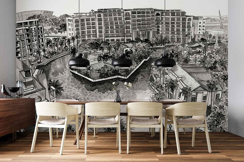 Monochrome mural wallpaper featuring a detailed cityscape with buildings, trees, and water; predominantly black, white, and gray tones; line-drawing style; urban skyline with architectural elements alongside natural scenery; high-contrast black-and-white illustration.