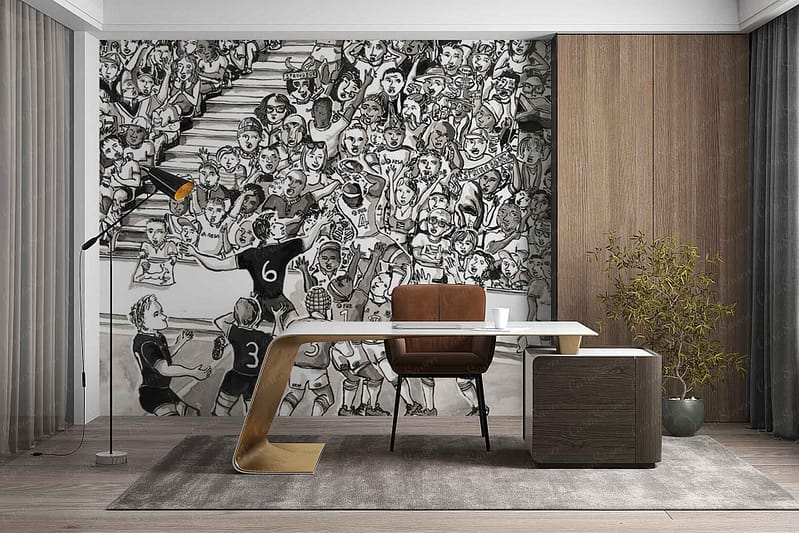 Large black-and-white mural wallpaper depicting an energetic sports crowd, expressive faces, raised arms, and dynamic movement; monochrome color palette with bold contrasts; evokes excitement and vitality.