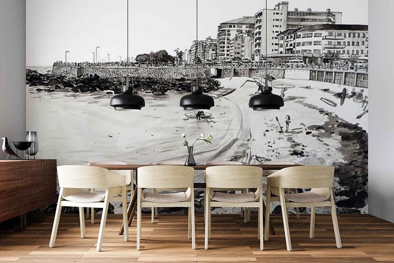 Large black-and-white mural wallpaper; features a coastal cityscape with buildings, beach, and shoreline elements; monochrome palette; detailed urban and seaside imagery.