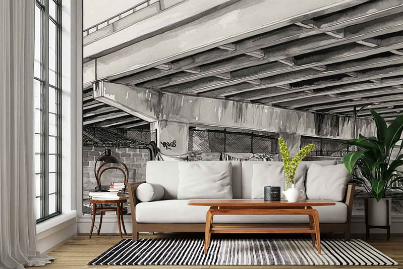 The wallpaper features a black and white mural of an urban overpass, showcasing bold architectural lines, stark contrasts, and detailed cityscape elements. The monochrome palette emphasizes shadows and structures, with sweeping bridge forms and geometric patterns reminiscent of museum-quality urban art.