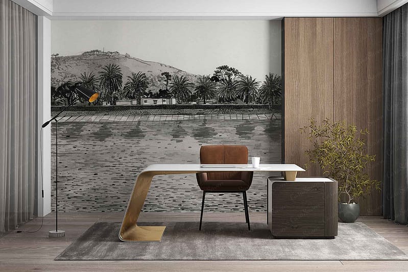 Wallpaper features a black-and-white mural depicting detailed palm trees and a winding riverbank. Visual elements include tall, lush palm fronds, textured tree trunks, gentle flowing water, and contrasting shadows. The monochrome color palette evokes an artistic style inspired by De Kat’s dramatic compositions.