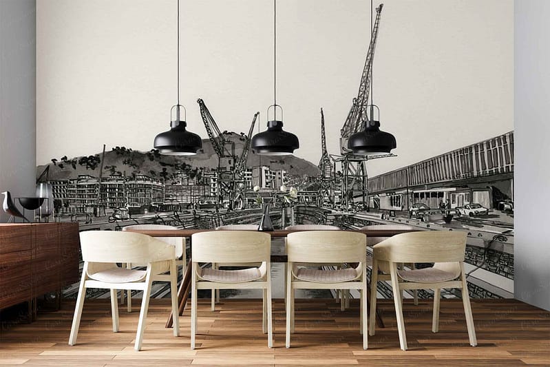 Industrial construction scene wallpaper features hand-drawn cranes, scaffolding, and building silhouettes in a sketch style. The color palette is monochrome—shades of black, gray, and white—giving it an urban architectural vibe. Key elements include detailed crane arms, structural frameworks, and cityscape outlines.