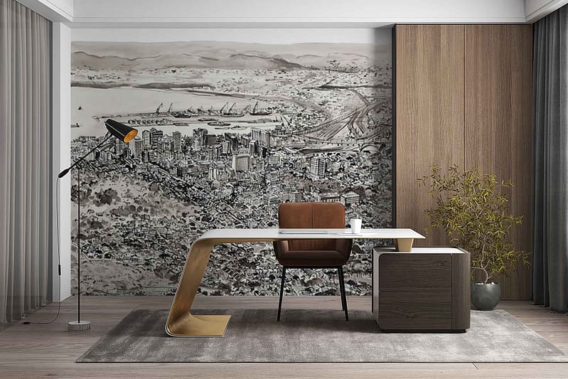 Wallpaper features a large black-and-white mural of the Lion’s Head cityscape, showcasing detailed mountain contours, urban architecture, and sprawling city lights. Monochrome tones dominate with sharp contrasts—rich blacks, crisp whites, and subtle gray gradients—adding dramatic depth and modern character to any space.