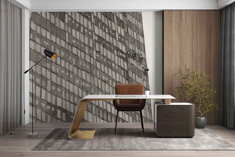 Large wall mural with a diagonal grid pattern inspired by Holyrood’s iconic windows; features intersecting lines in soft neutral tones such as white, light gray, and beige; minimalist geometric design.