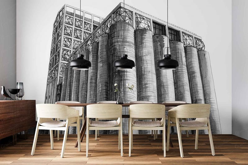 Wallpaper features a large-scale black-and-white industrial building mural. Key elements: bold cylindrical silos, metal frameworks, exposed beams, and architectural lines. Dominant colors: grayscale tones—deep blacks, crisp whites, and soft greys—creating high contrast industrial imagery.