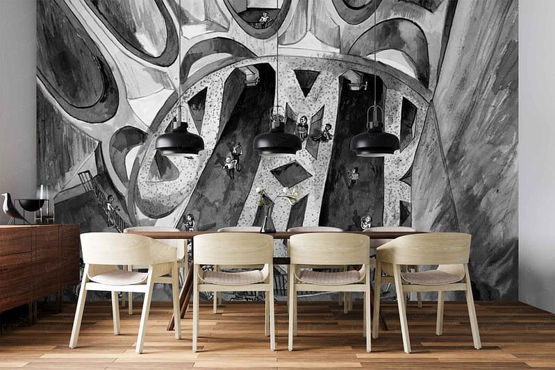 Wallpaper features a black-and-white abstract mural with bold geometric shapes (circles, lines, rectangles) and small illustrated figures. The design uses high-contrast black and white tones, with the figures subtly integrated among the geometric forms. No color is present beyond black and white.