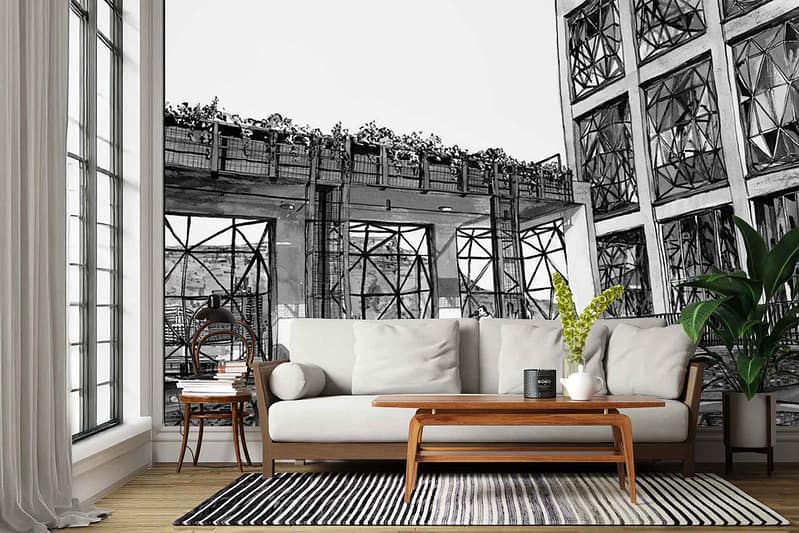 Large wall mural inspired by Mavericks St; features urban architecture with geometric patterns, black-and-white cityscape elements, bold lines, and contrasting shapes; dominant colors are black, white, and shades of gray; skyscraper silhouettes and modern city motifs.