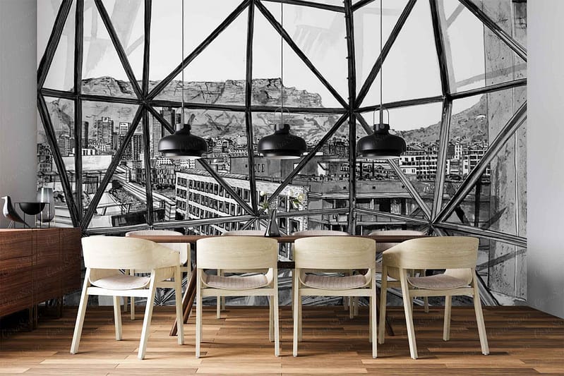 Wallpaper features a black-and-white cityscape mural drawn in sketch style, with geometric glass window patterns overlaying the buildings. Predominantly monochrome colors: black, white, and gray. Architectural details include outlined skyscrapers and urban elements viewed through intersecting angular forms resembling window panes.