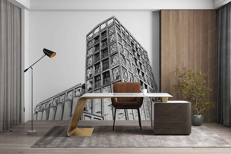 Wallpaper features a large black-and-white mural depicting an angular, modern waterfront building; design includes sharp lines, geometric shapes, and architectural elements in grayscale tones.