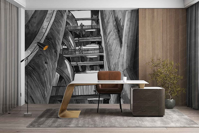 ZEITZ 01 wallpaper: Black-and-white mural depicting a multi-story concrete building with strong architectural lines. Prominent features include repeating balconies, metal railings, deep shadows, and geometric forms. The color palette is grayscale—various tones of black, white, and gray emphasize modern urban minimalism.