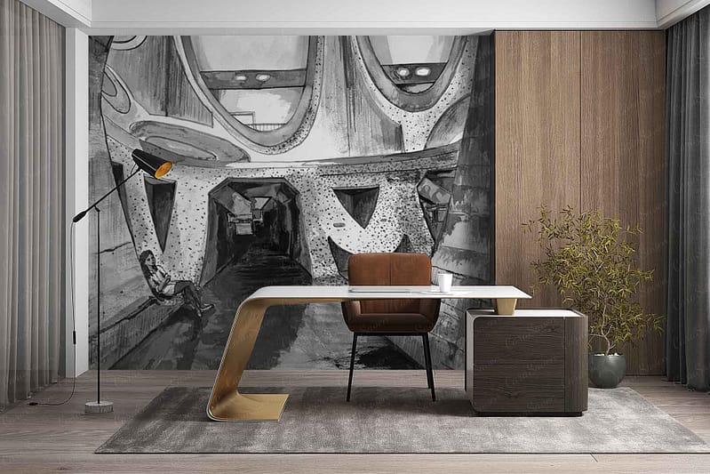 Black-and-white ZEITZ 04 mural wallpaper featuring abstract architectural shapes, bold geometric forms, and a person standing in a tunnel-like space; high-contrast monochrome with striking lines and curves.