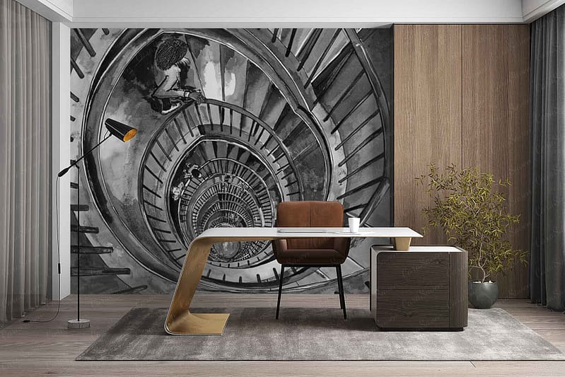 Wallpaper features: ZEITZ 10 mural, black-and-white spiral staircase, high-contrast swirls, central perspective, person walking downward on stairs. Monochrome palette (black/white/gray), architectural lines, dynamic movement.