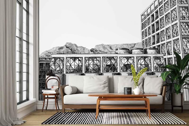 Black and white mural wallpaper depicting detailed city buildings and mountains; line art style with architectural elements, rooftops, windows, streets, mountain peaks; monochrome palette (black, white, shades of gray).