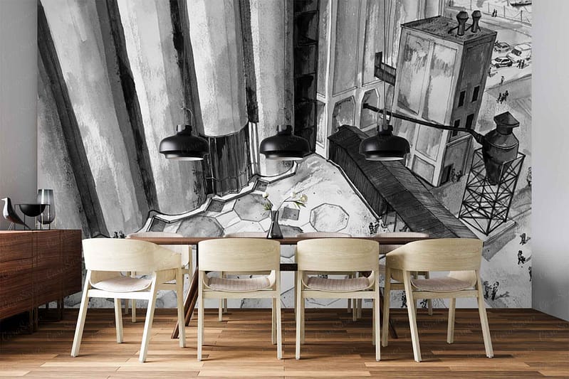 Large black-and-white industrial mural wallpaper featuring silos, factory buildings, tall chimneys, and metal structures; monochrome color palette with high contrast architectural details.