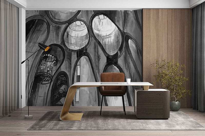 Black-and-white abstract mural wallpaper featuring bold circular shapes, overlapping arches, sweeping curves, and intersecting lines; strong contrast between deep black and crisp white elements; minimalist, geometric patterns with a modern aesthetic.