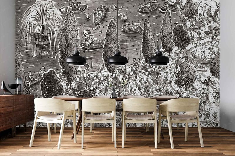 Black-and-white mural wallpaper featuring intricate scenes of people boating and gathering near water, surrounded by detailed trees; monochrome palette with fine linework.