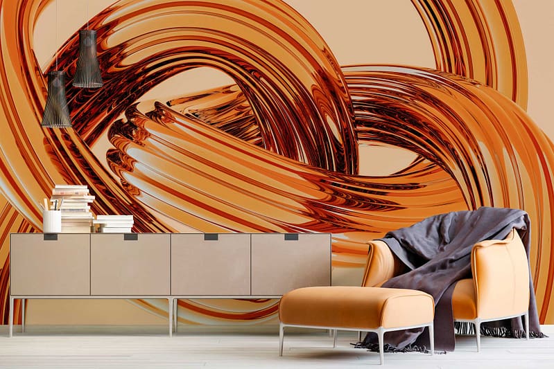 Bold abstract wallpaper with a glossy swirl design featuring copper and brown shapes that appear to drift or float. The mural’s elements include dynamic, irregular forms in warm metallic and earthy tones with a high-shine, fluid background. Colors: copper, brown, bronze, hints of amber; style: modern, abstract, swirling movement.