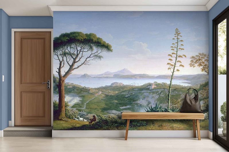 Wallpaper features a nature mural with illustrated trees, rolling green hills, and a distant blue lake. Colors include various greens, sky blues, earthy browns, and subtle white clouds on a blue background.