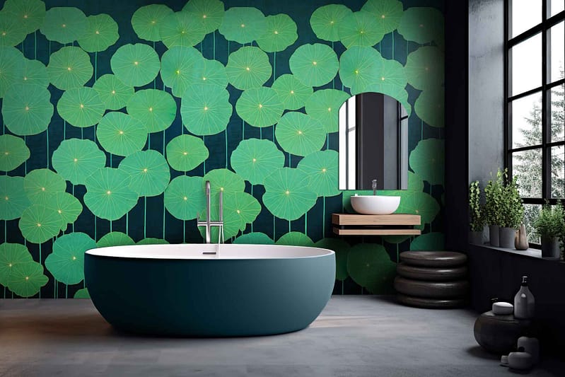The bold wallpaper features large, overlapping lotus leaves in rich shades of green—emerald, forest, sage—with subtle veins and occasional highlights of gold. The lush botanical pattern showcases organic curves and layered textures, bringing an airy jungle vibe and modern freshness to the space.