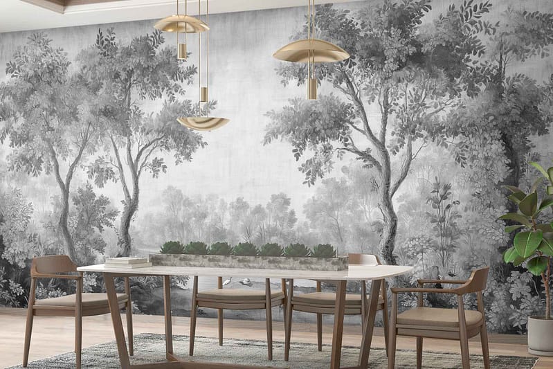 Black-and-white mural wallpaper featuring detailed illustrations of trees, branches, and dense foliage; monochrome tones with intricate botanical patterns; nature-inspired wall art with forest and palm motifs.