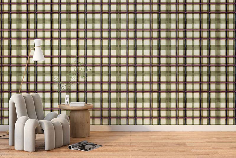 Green and beige plaid-patterned wallpaper; intersecting stripes in shades of sage green, olive, cream, and tan; classic tartan design with soft muted tones.