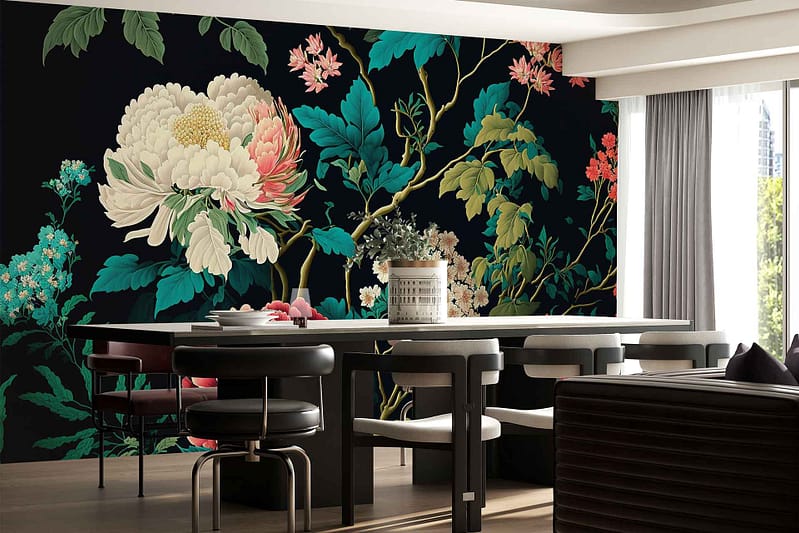 The wallpaper features a dramatic mural of large, colorful flowers in vivid pinks, rich oranges, and purples with abundant green leaves, all set against a deep, dark background. The design showcases oversized botanical elements for a bold statement.