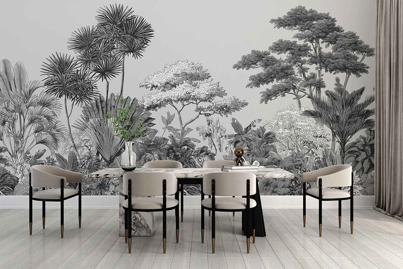 The wallpaper is a large monochrome mural featuring detailed illustrations of tropical trees and plants. Predominantly in shades of grey, black, and white, it showcases lush palm fronds, banana leaves, and dense jungle foliage for a dramatic botanical effect.