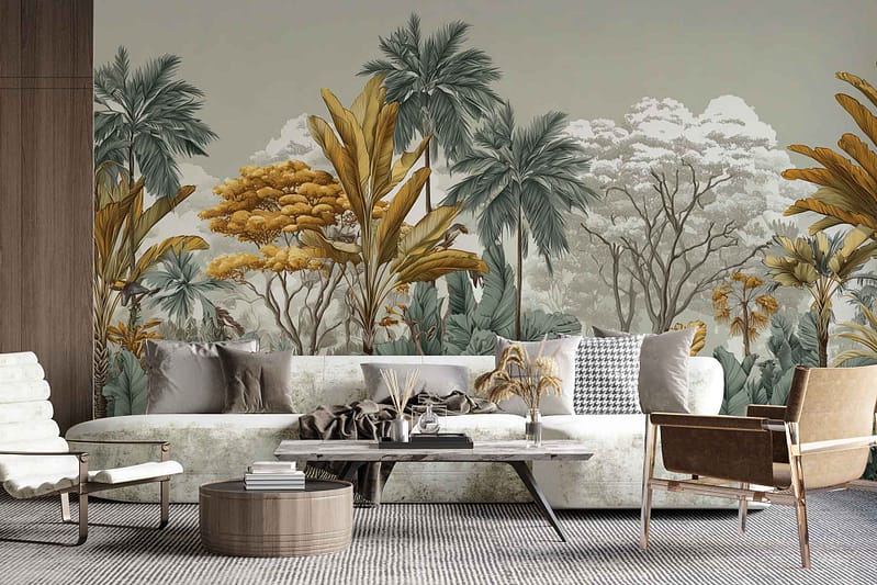 Tropical mural wallpaper featuring large palm trees and lush foliage; colors include muted green, gray, and gold tones. Elements: botanicals, leaves, layered greenery, subtle metallic highlights.